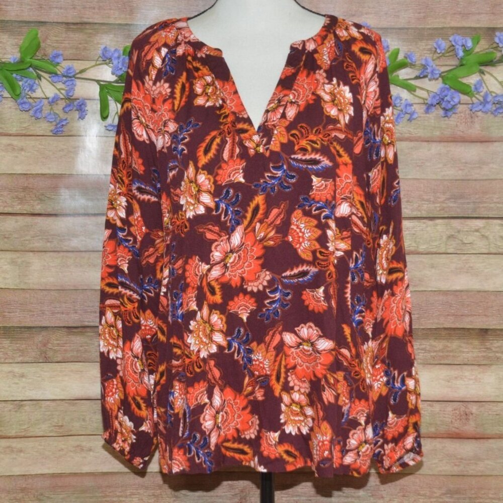 Old Navy Maroon Floral Boho Peasant Top V-neck Long Sleeve Pull Over Size XL